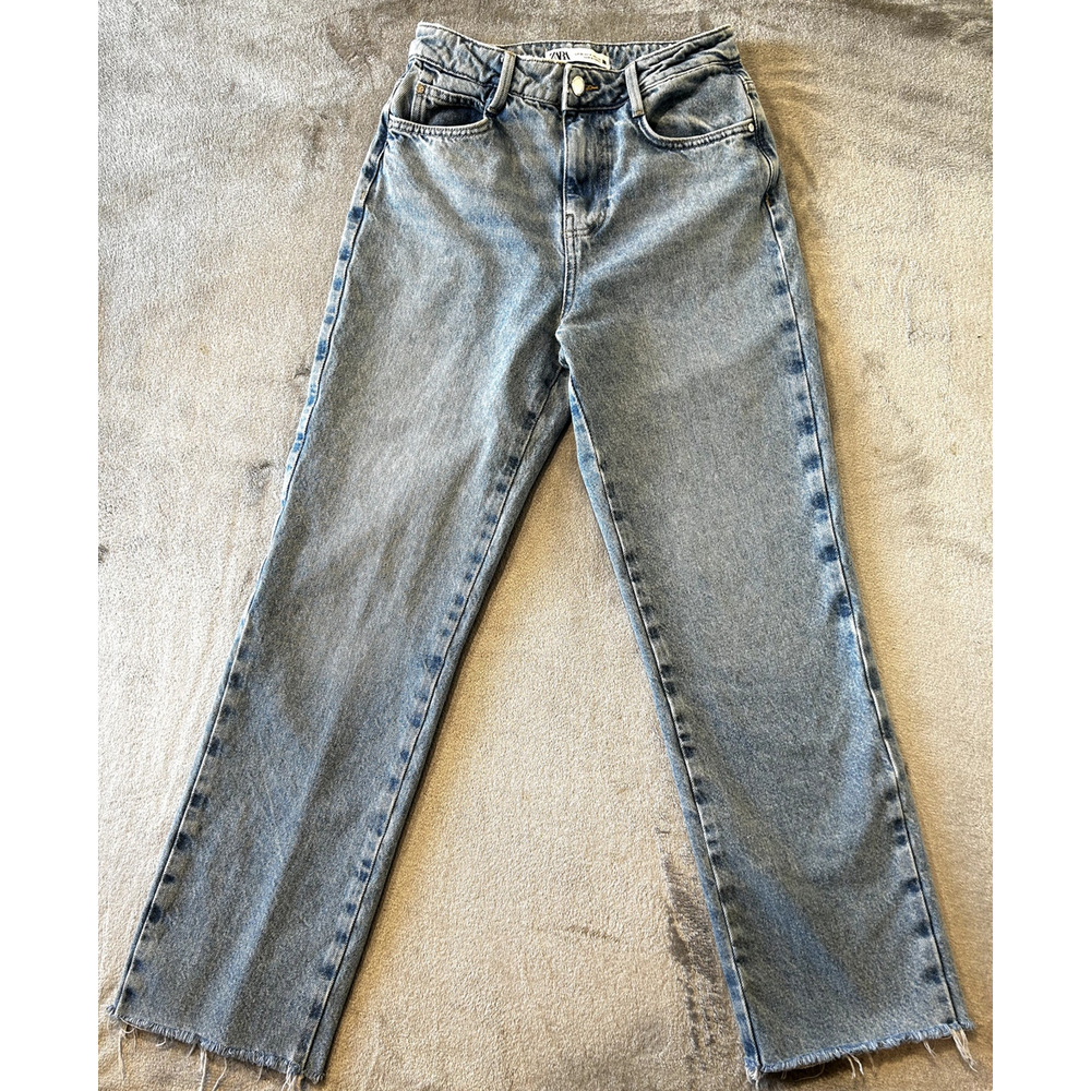 Zara‎ Straight Leg Cropped Fray Hem Jeans Denim Blue Size 4 (28" inseam)